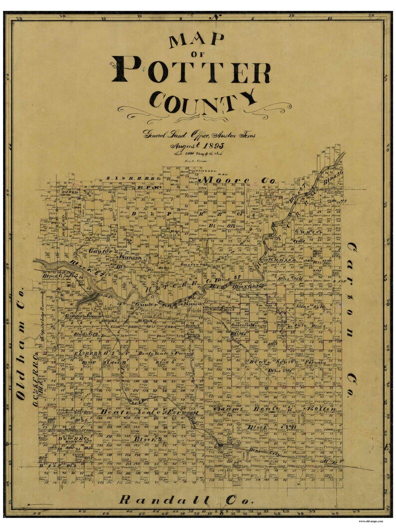 Potter county texas 1895 old wall map reprint with land etsy