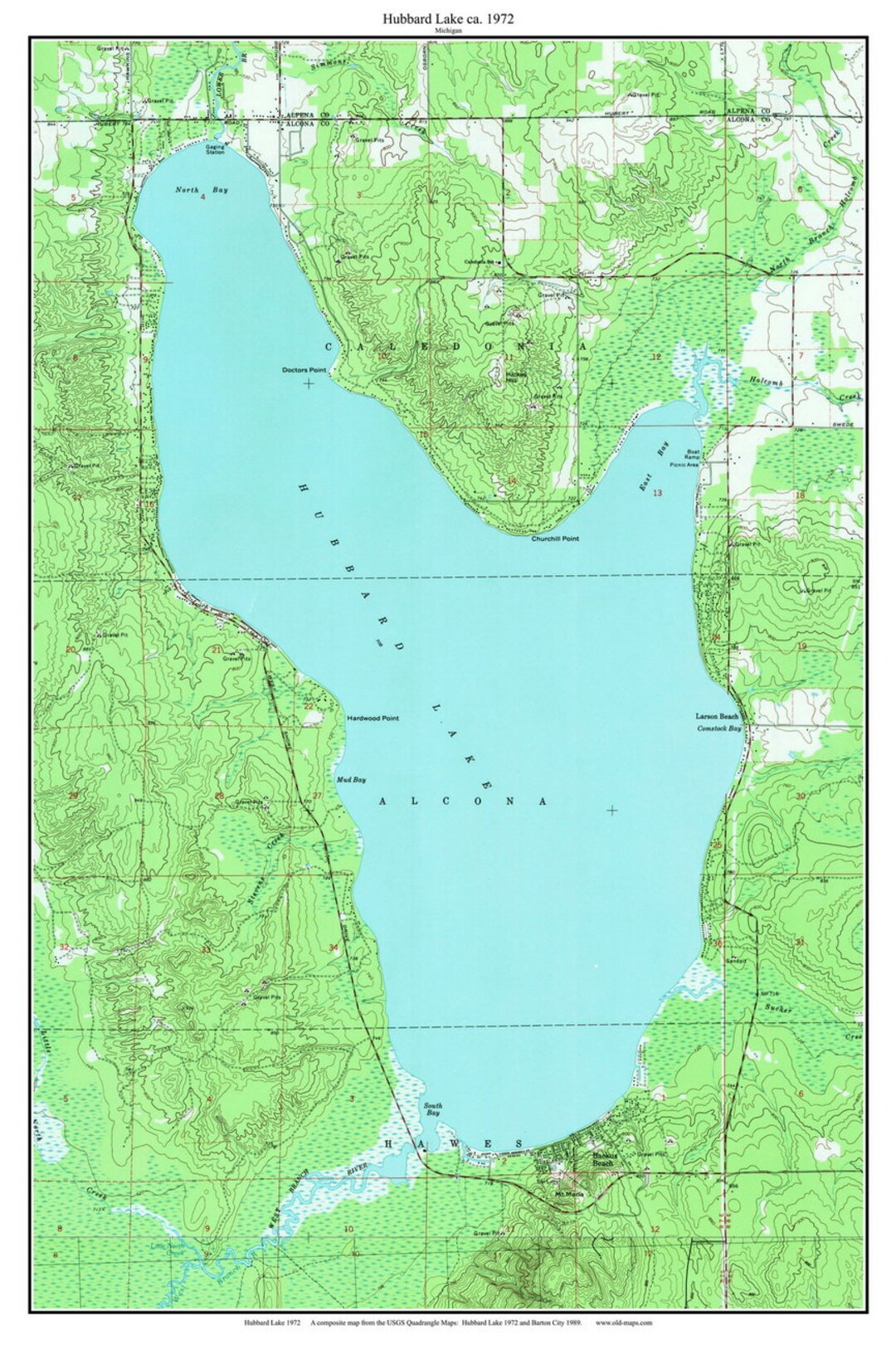 Hubbard Lake 1972 Map Print Michigan Old Topographic USGS Custom Lakes