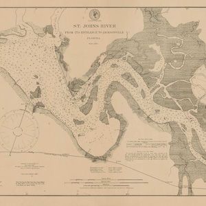 May include: A vintage map of the St. Johns River in Florida, showing the river's course from its entrance near Jacksonville to its source. The map is printed in black and white on a cream-colored background.