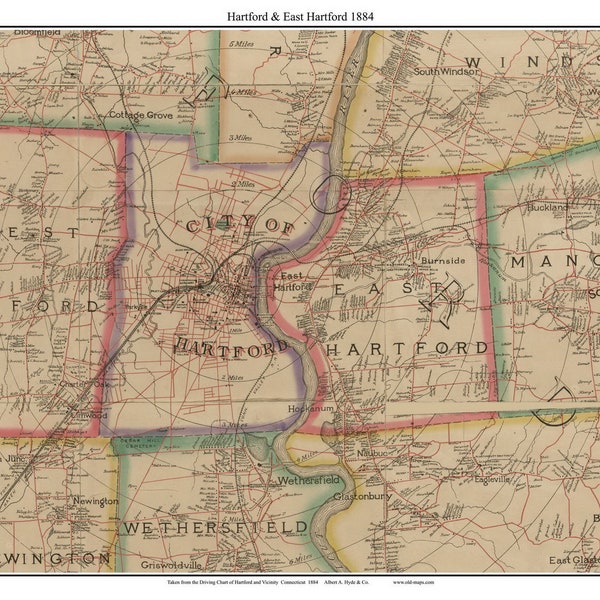 Hartford - East Hartford 1884 Old Town Map with Homeowner Names Connecticut - Reprint Hartford Vicinity CT