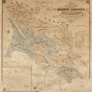 Marin County California 1873 - Old Wall Map Reprint with Landowner Names Farm Lines  Genealogy