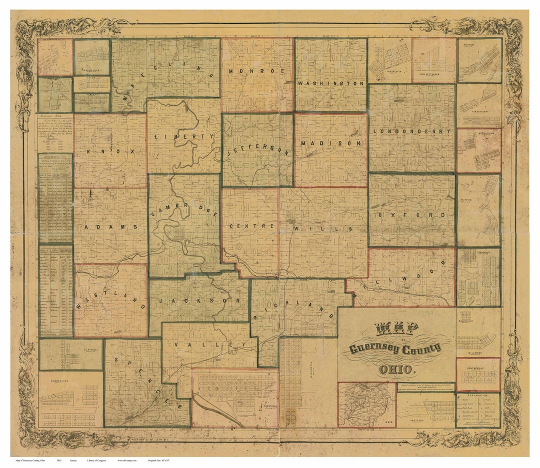 Guernsey County Ohio 1855 Old Wall Map Reprint With Homeowner Names Farm Lines Etsy