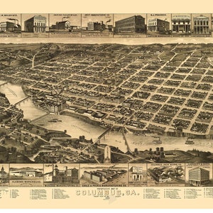 Columbus Georgia - Old 1886  Birds Eye View  - Reprint