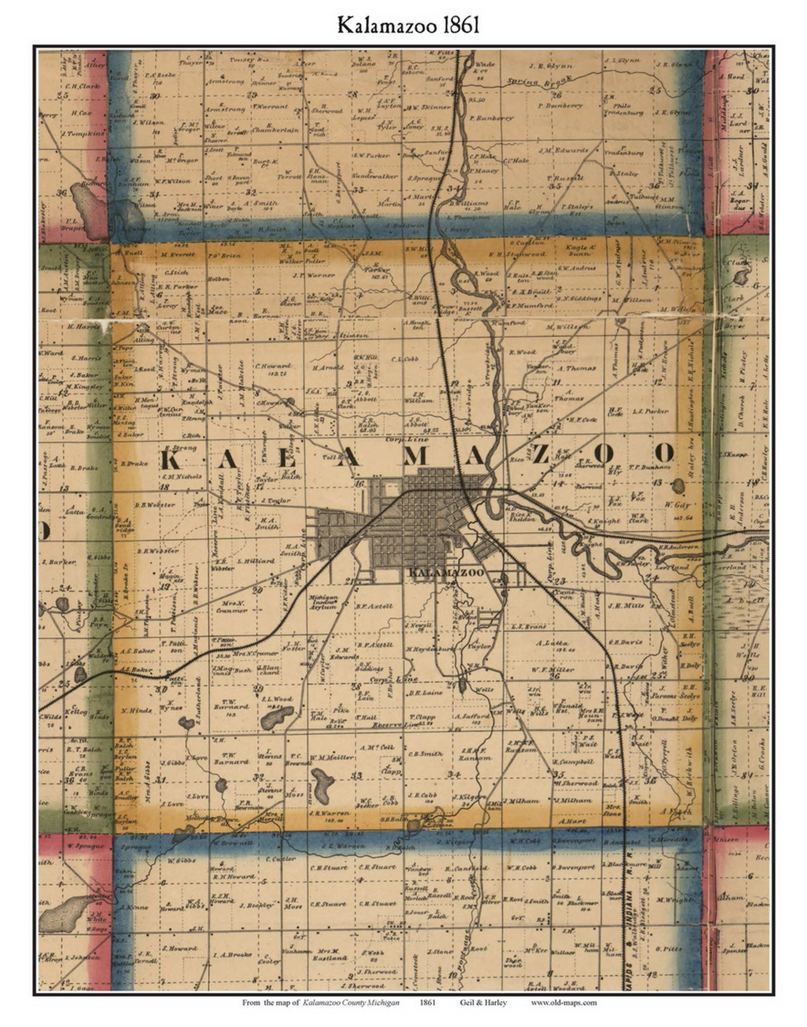 Kalamazoo 1861 Old Town Map With Homeowner Names Michigan Reprint