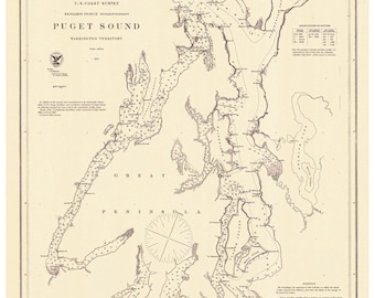 Puget Sound  1867  Nautical Map - Washington - 150 years ago! PC Big Area 6401 - Reprint