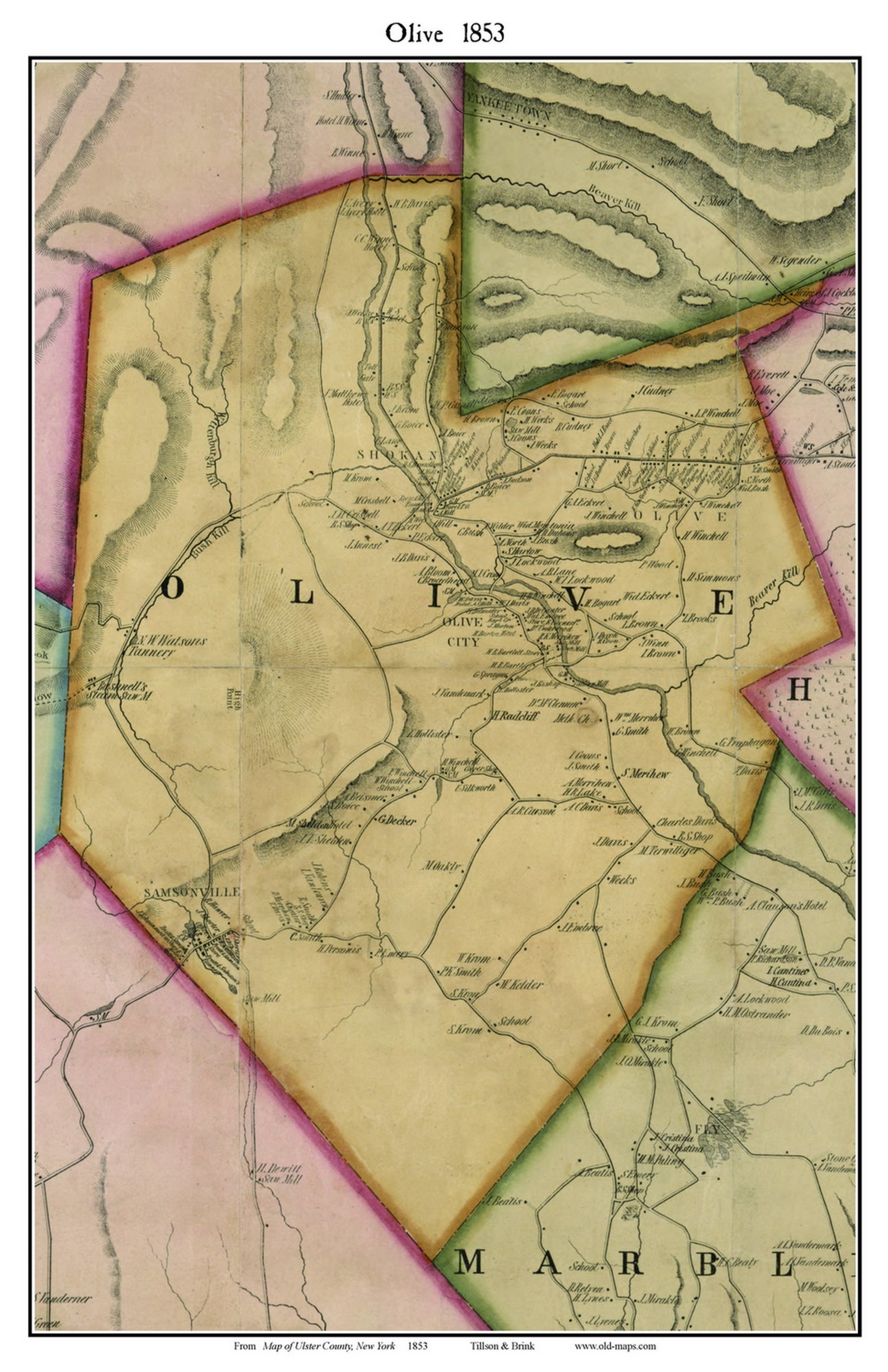 Olive 1853 Old Town Map With Homeowner Names New York Etsy