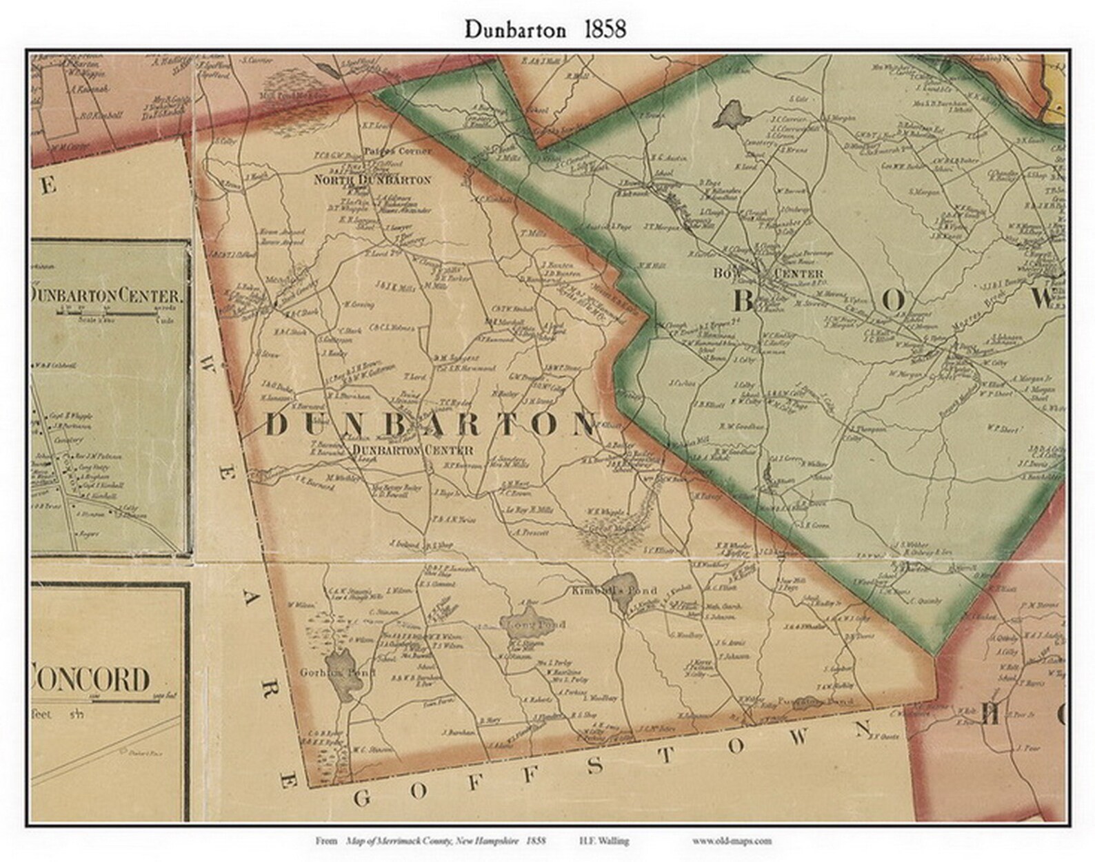 Dunbarton 1858 Old Town Map With Homeowner Names New Hampshire Etsy