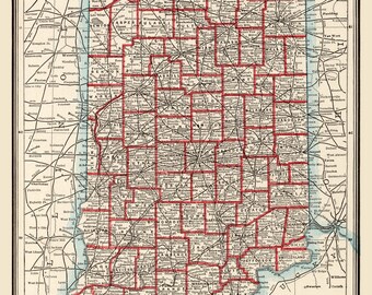 Indiana 1893 Old State Map Wood Reprint