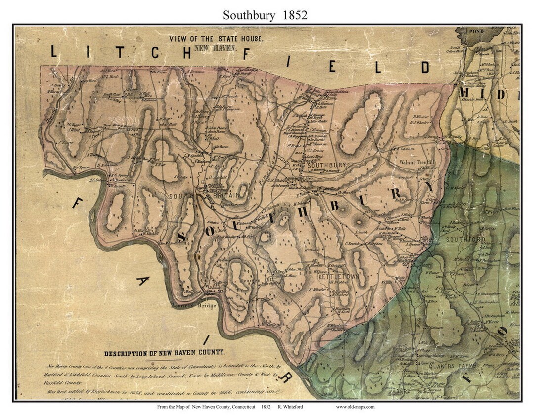 Southbury 1852 Old Town Map With Homeowner Names Connecticut Reprint Il Kyea 