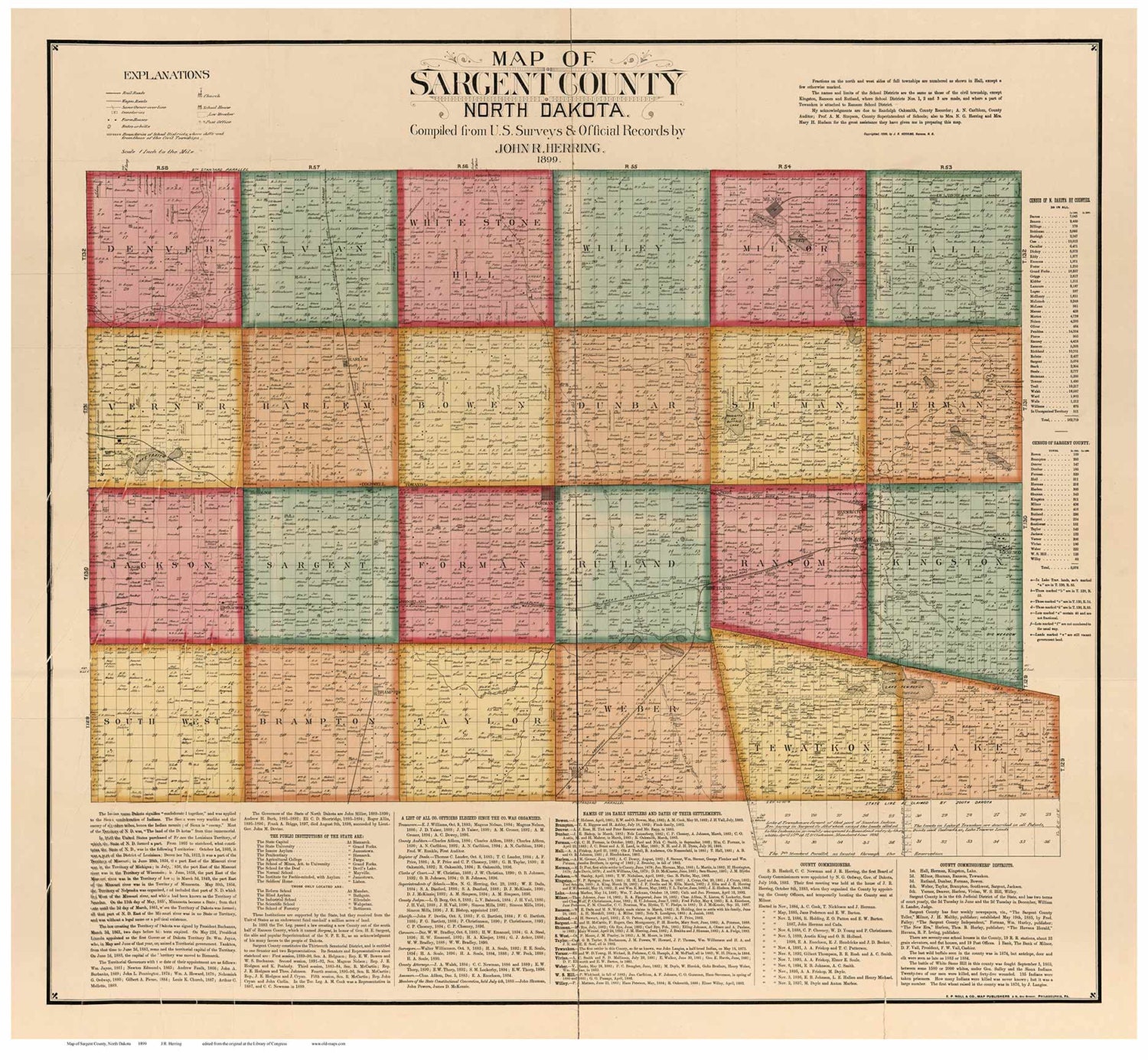 Sargent County North Dakota 1899 Old Wall Map with Etsy