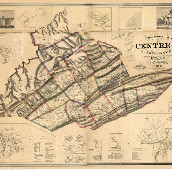 Centre County Pennsylvania 1861 - Old Wall Map with Homeowner Names - Genealogy - Reprint