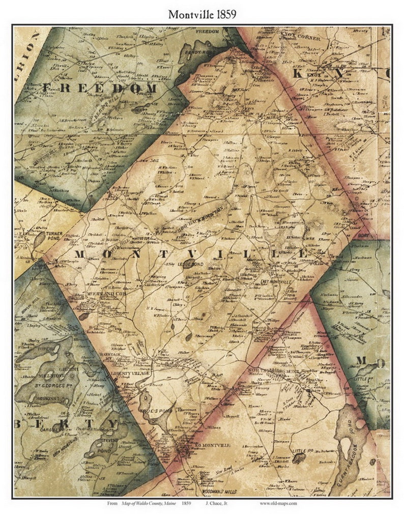 Montville 1859 Old Town Map With Homeowner Names Maine Hogback Mountain