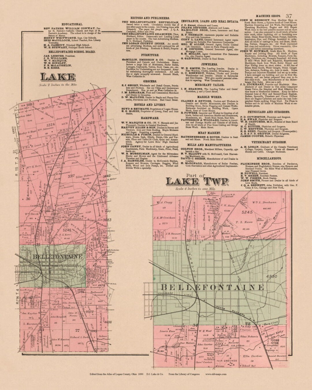 Lake 1890 Old Town Map Reprint Logan County, Ohio Homeowner Names, Genealogy OH Atlas 037 Etsy