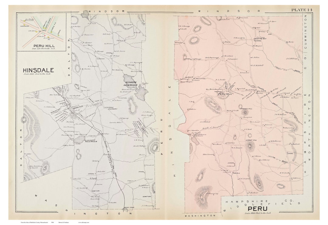 Hinsdale & Peru 1904 Old Town Street Map Reprint Peru Hill Berkshire Co. Massachusetts Homeowner