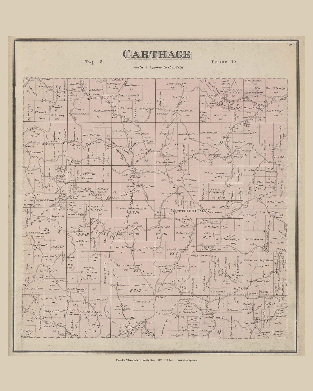 Carthage 1875 Old Town Map Reprint Athens County, Ohio Homeowner Names, Genealogy OH Atlas 53 Etsy