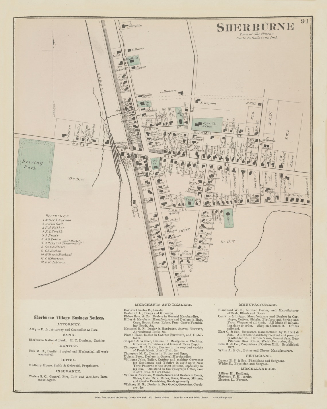 Sherburne Village 1875 Old Map Homeowner names Reprint Etsy