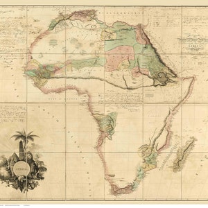May include: An antique map of Africa from 1794, showing the continent in shades of green, pink, and brown. The map is titled "Africa" and includes a compass rose and a scale bar. The map is surrounded by a decorative border.