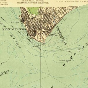 May include: A vintage map of Newport News, Virginia, showing the city's layout, waterways, and surrounding areas. The map is printed on a light green background with blue lines representing waterways and black lines representing roads. The map includes text labels for various locations, including "Newport News", "Hampton", "Camp Stuart", "Elizabeth City Co.", and "Warwick Co.".