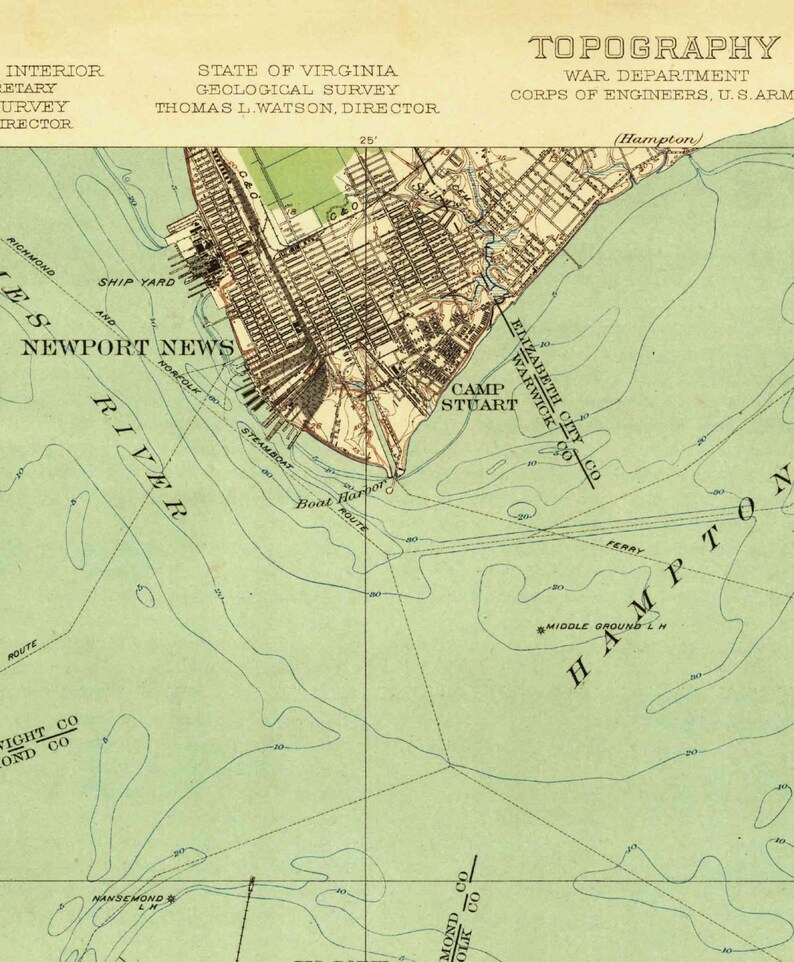May include: A vintage map of Newport News, Virginia, showing the city's layout, waterways, and surrounding areas. The map is printed on a light green background with blue lines representing waterways and black lines representing roads. The map includes text labels for various locations, including "Newport News", "Hampton", "Camp Stuart", "Elizabeth City Co.", and "Warwick Co.".