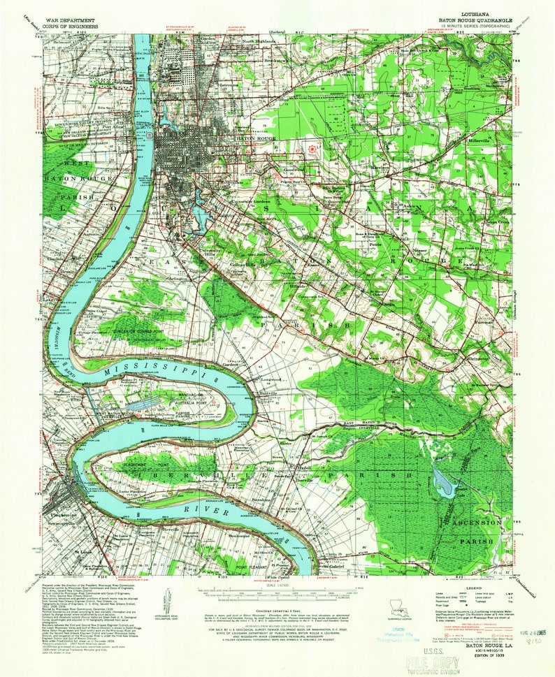 Baton Rouge 19391965 Old Topo Map Iberville Plaquemine Point St Gabriel quad Reprint 15x15 USGS
