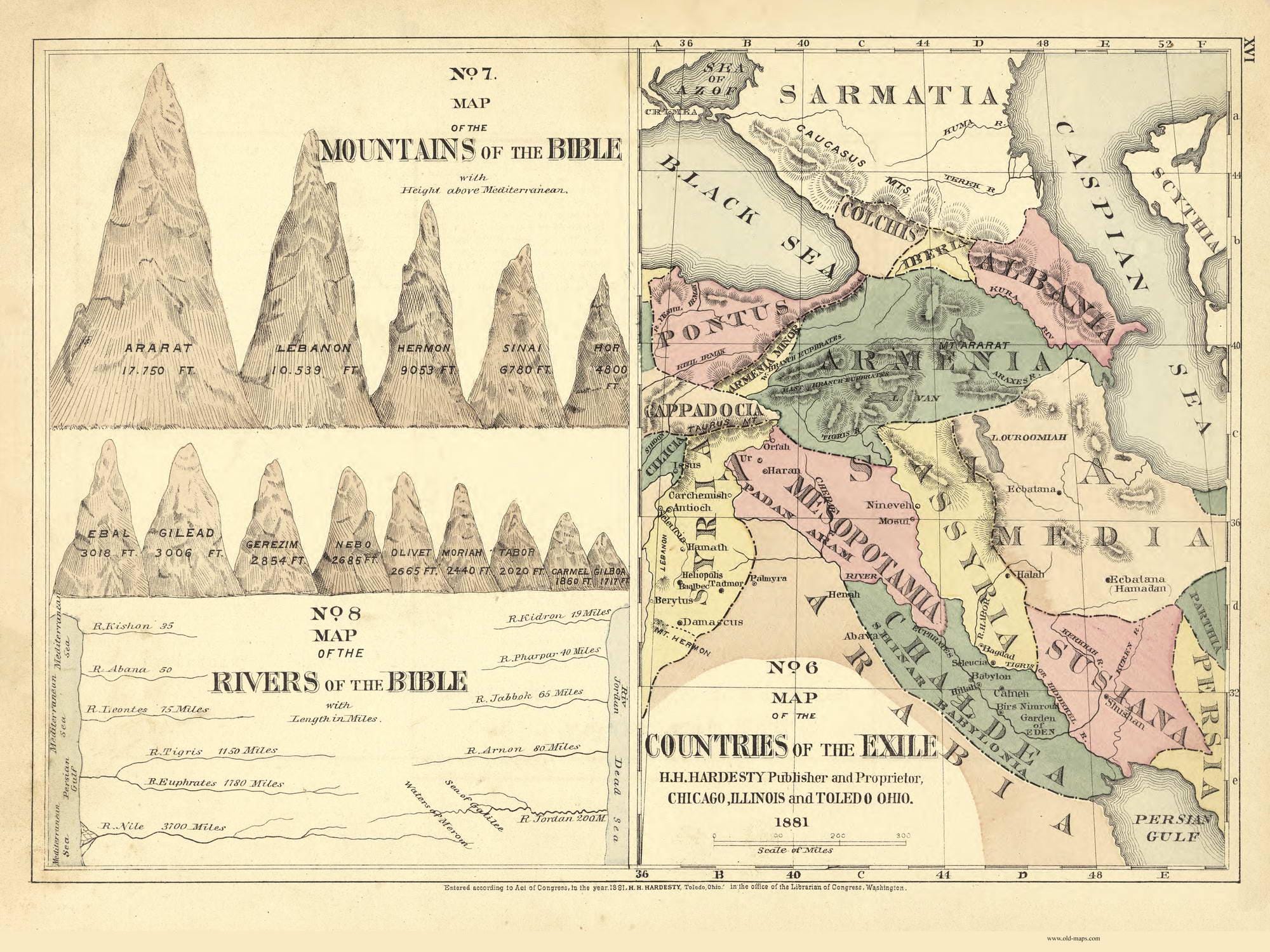 Bible Mountains and Rivers Lands of Exile 1881 Old Map