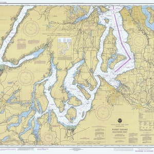 May include: A nautical chart of Puget Sound, Washington, showing the southern part of the waterway. The chart is in black and white with blue lines indicating the water. The chart includes depth soundings in fathoms.