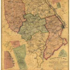 Harford County, Maryland 1878   by Simon J. Martenet - Old Wall Map Reprint with Homeowner Names - Genealogy