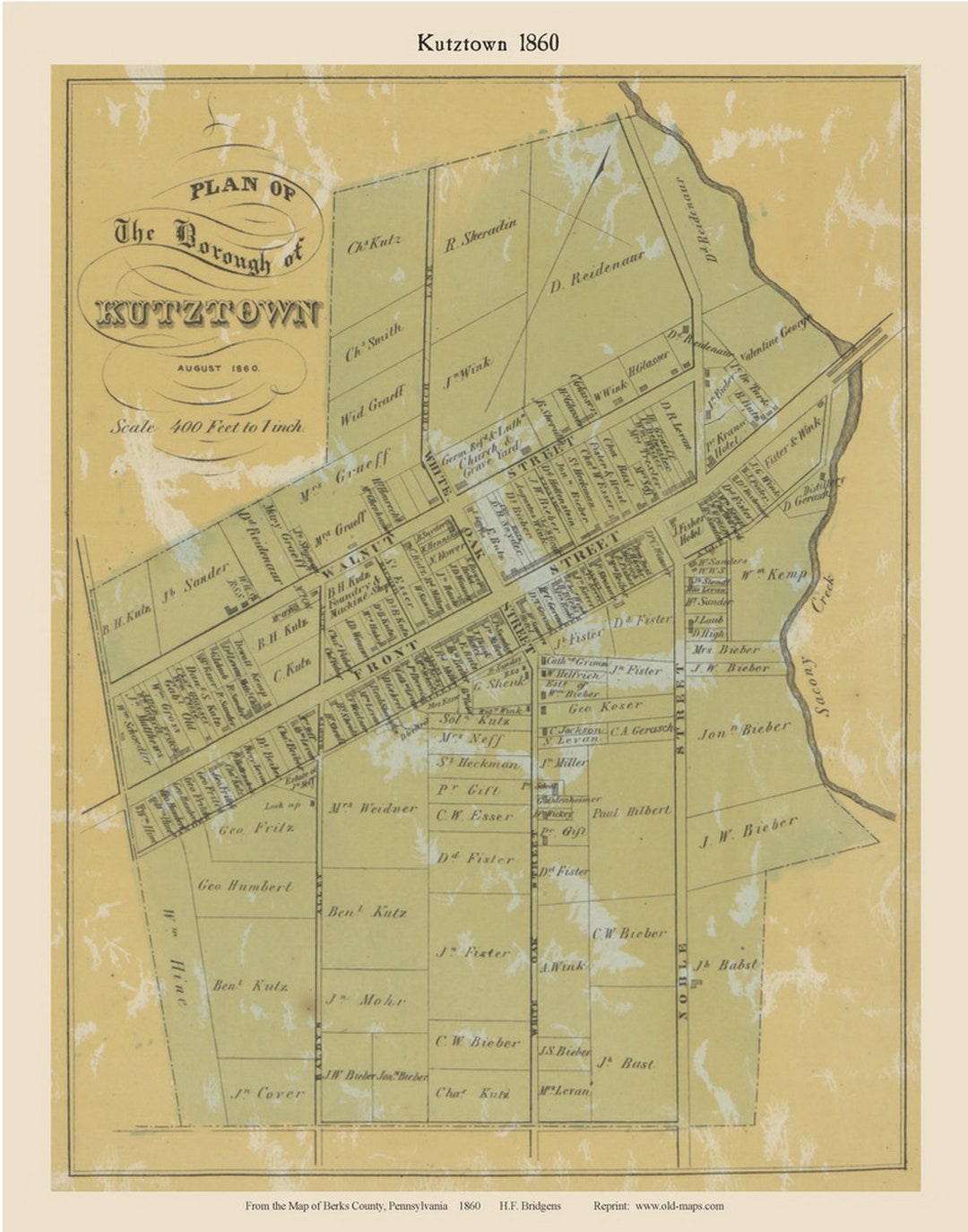 Kutztown 1860 Old Town Map With Homeowner Names Pennsylvania Reprint