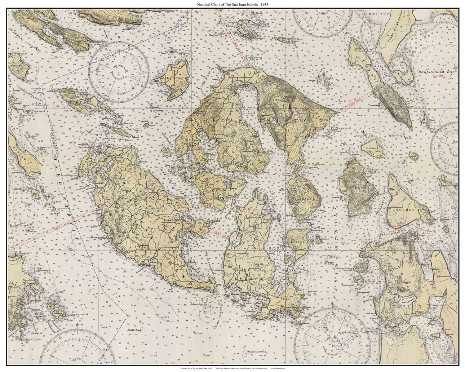 San Juan Islands 1933 Nautical Map - PC Harbors Washington