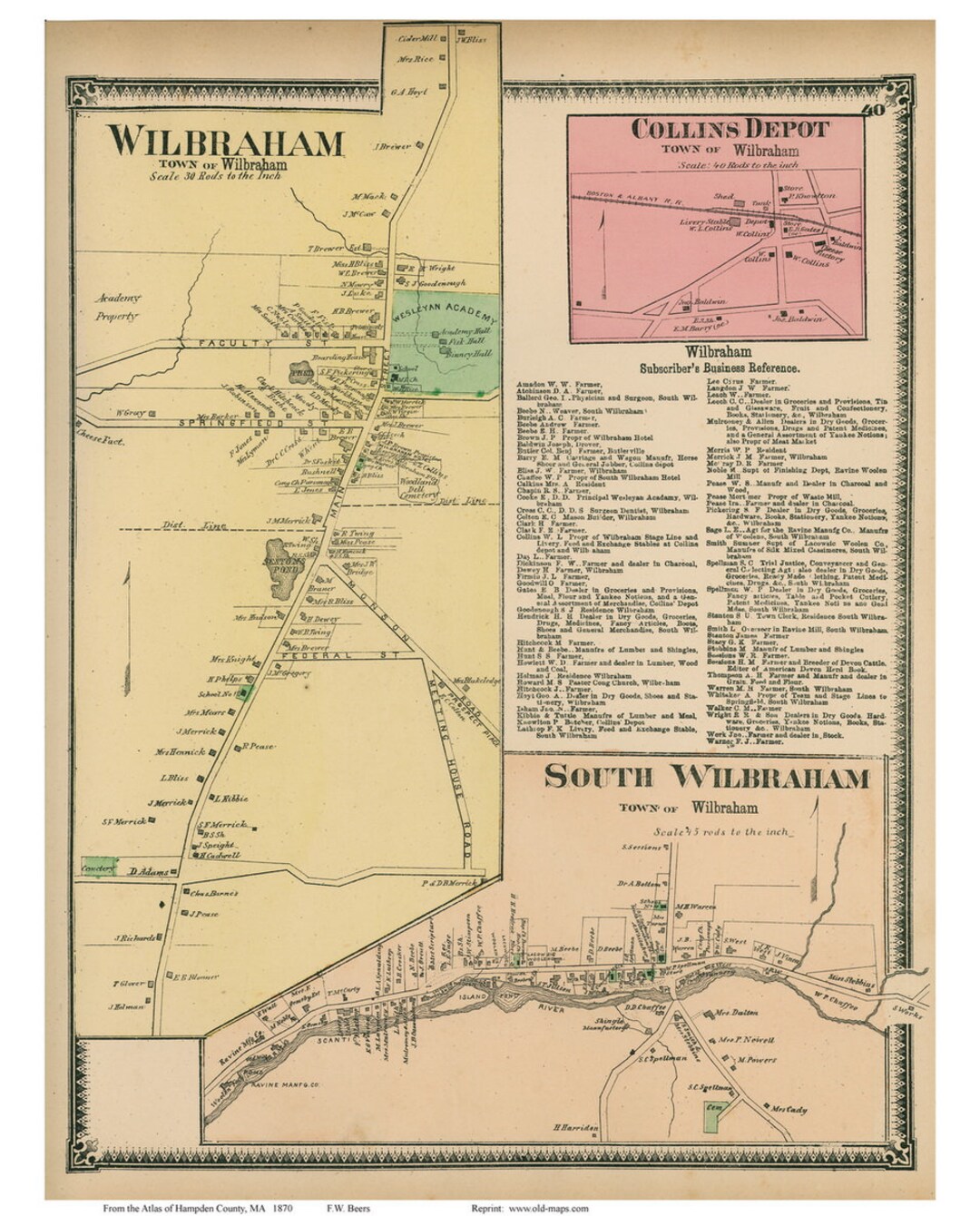 Wilbraham Village 1870 Old Town Map Reprint Collins Depot, Hampden