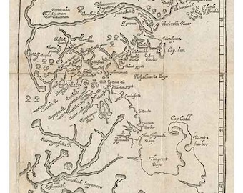 New England 1634 old map Cape Cod Boston early woodcut  reprint William Wood  NE Maps