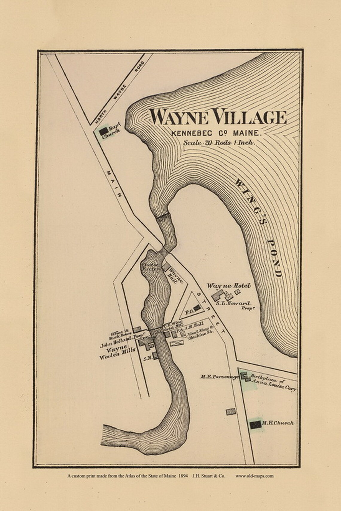 Wayne Village 1894 Old Map Reprint Maine State Atlas Stuart Etsy