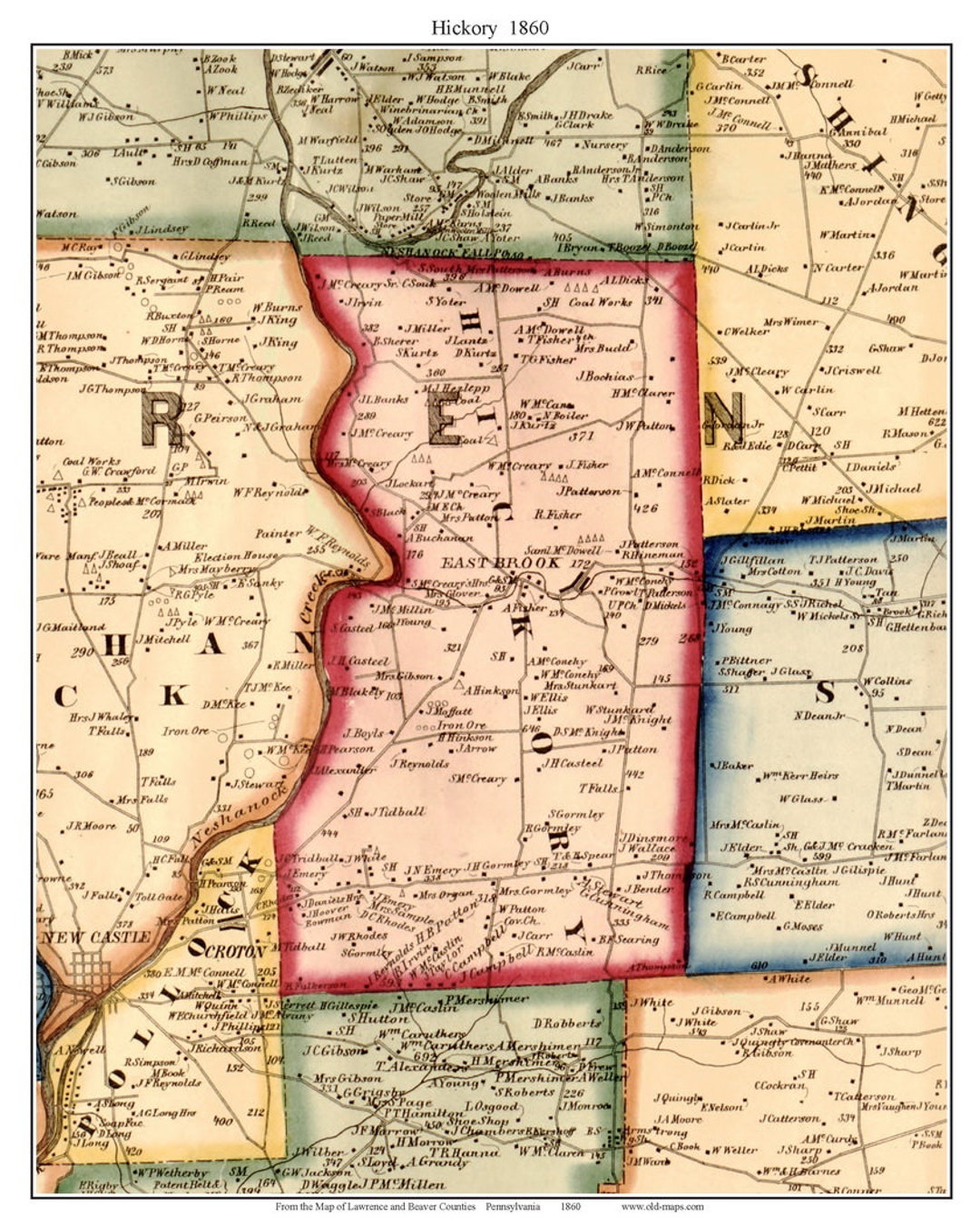 Hickory 1860 Old Town Map With Homeowner Names Pennsylvania Reprint