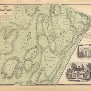 May include: A vintage map of Woodlawn Cemetery in New York City, dated 1868. The map shows the layout of the cemetery with various plots and sections labeled with numbers. The map also includes a key with symbols representing different types of monuments and features. The map is printed on aged paper with a light brown tint.