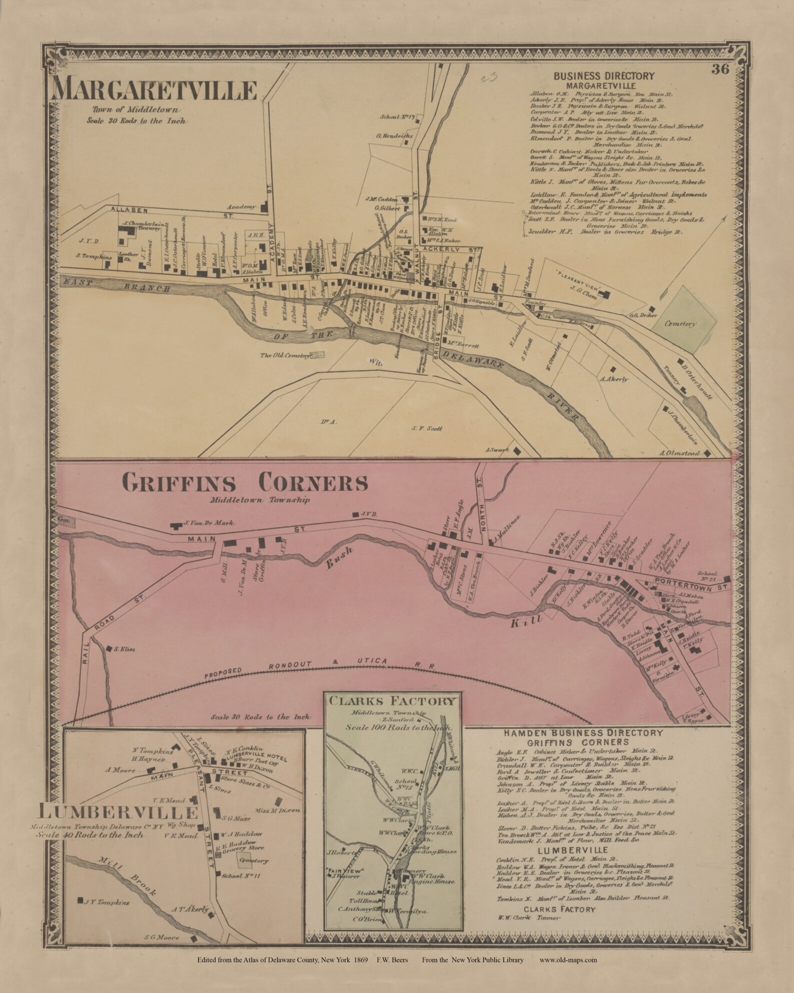 Margaretville 1869 New York Delaware Co Atlas Old Town Etsy