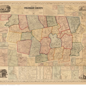 Franklin County Massachusetts  1858 - Old Wall Map Reprint with Homeowner Names - Genealogy