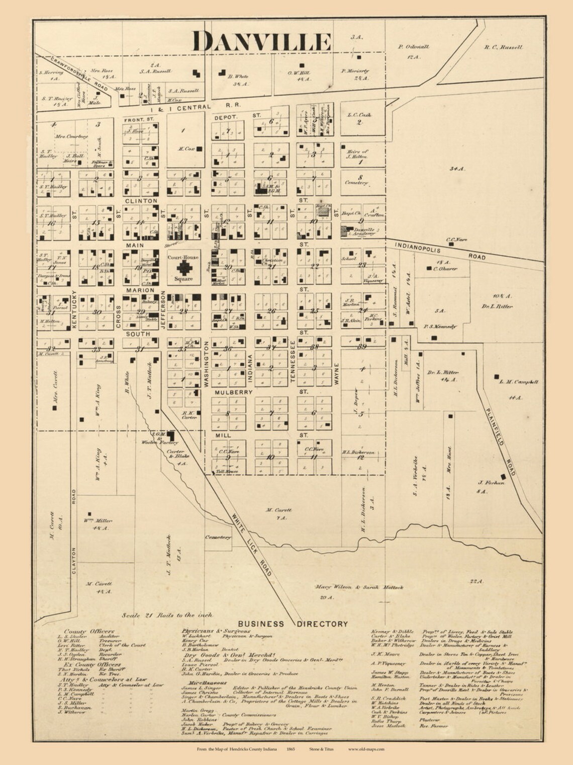 Danville Village 1865 Old Town Map With Homeowner Names Reprint