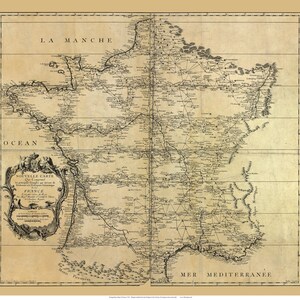 May include: An antique map of France from 1700, showing the major cities and towns, rivers, and roads. The map is in black and white and has a faded, aged look. The title of the map is "Nouvelle Carte Qui Comprend Le Royaume de France et ses Dependances Grande et Petite Bretagne, etc."