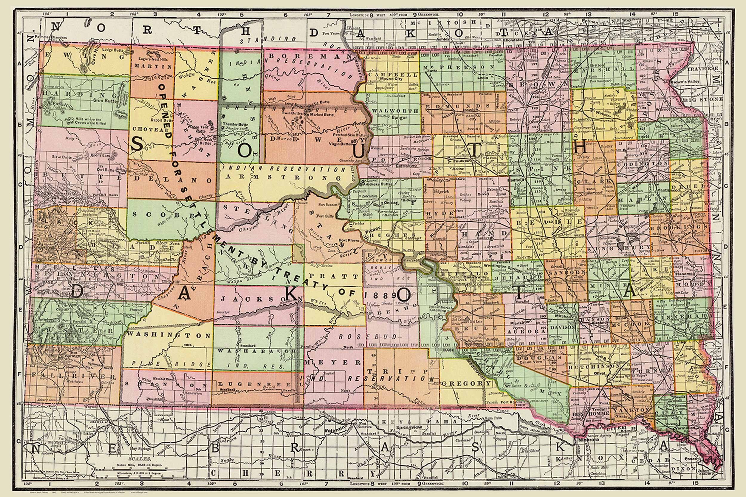 South Dakota - 1891 - Old State Map Reprint - Rand, McNally & Co. Atlas