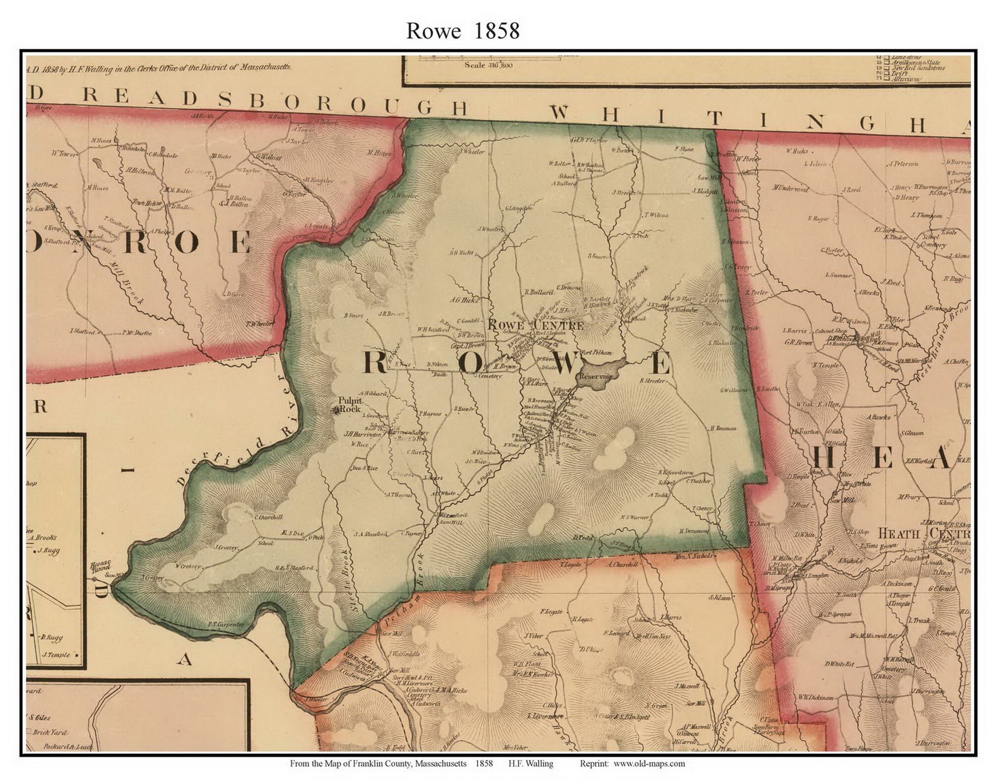 Rowe 1858 Old Town Map With Homeowner Names -massachusetts Reprint ...