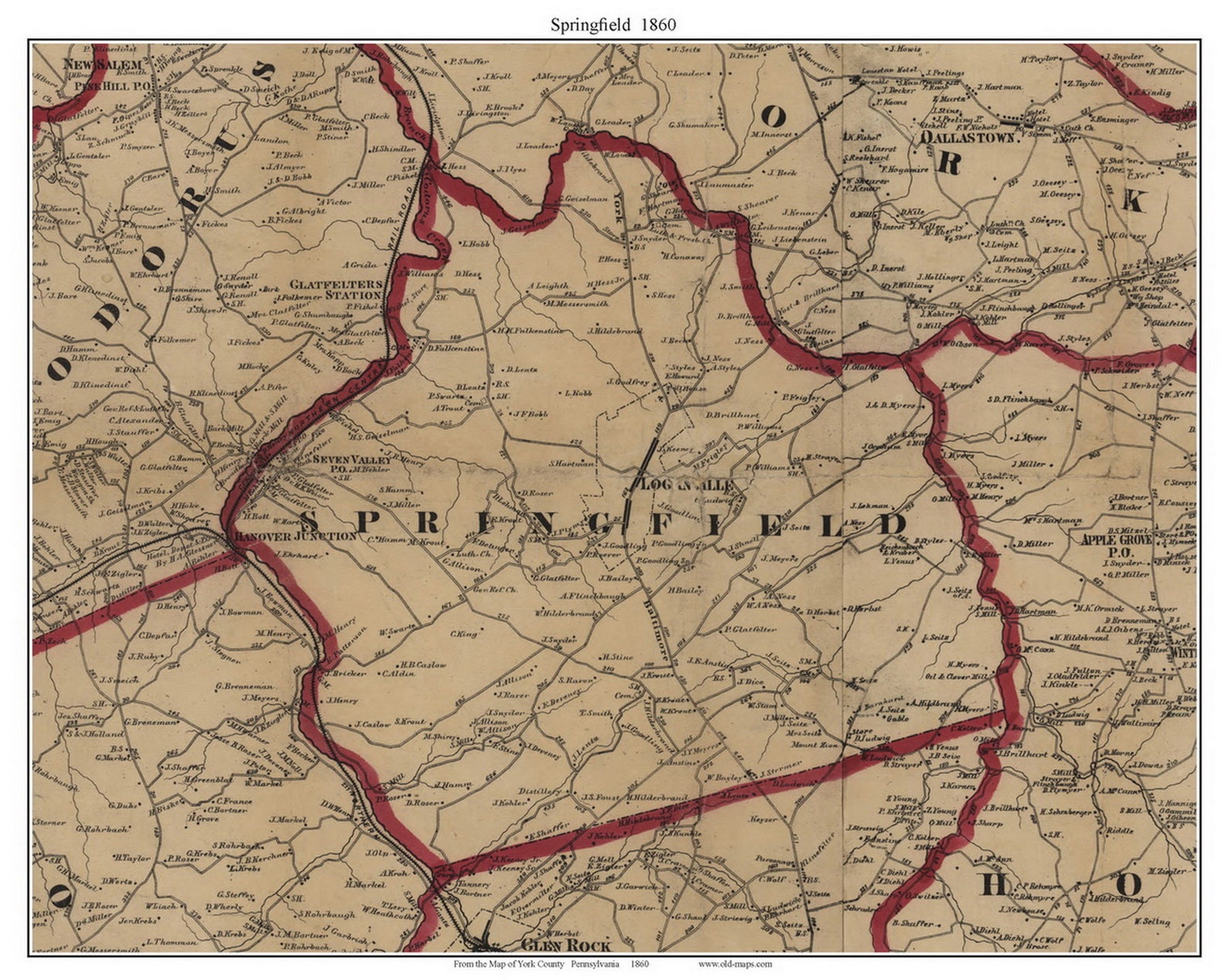 Springfield 1860 Old Map Homeowner Names Loganville Seven Valley ...