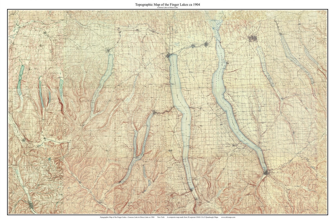 Finger Lakes Conesus Lake to Otisco Lake Ca 1904, Poster Map New York USGS Old Topo Custom