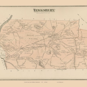 May include: An antique map of Tewksbury, Massachusetts, printed in black and white on a light pink background. The map shows roads, rivers, and towns in the area. The map is titled "Tewksbury" and includes the text "From the County Atlas of Middlesex, Massachusetts, 1873. J.B. Beers."