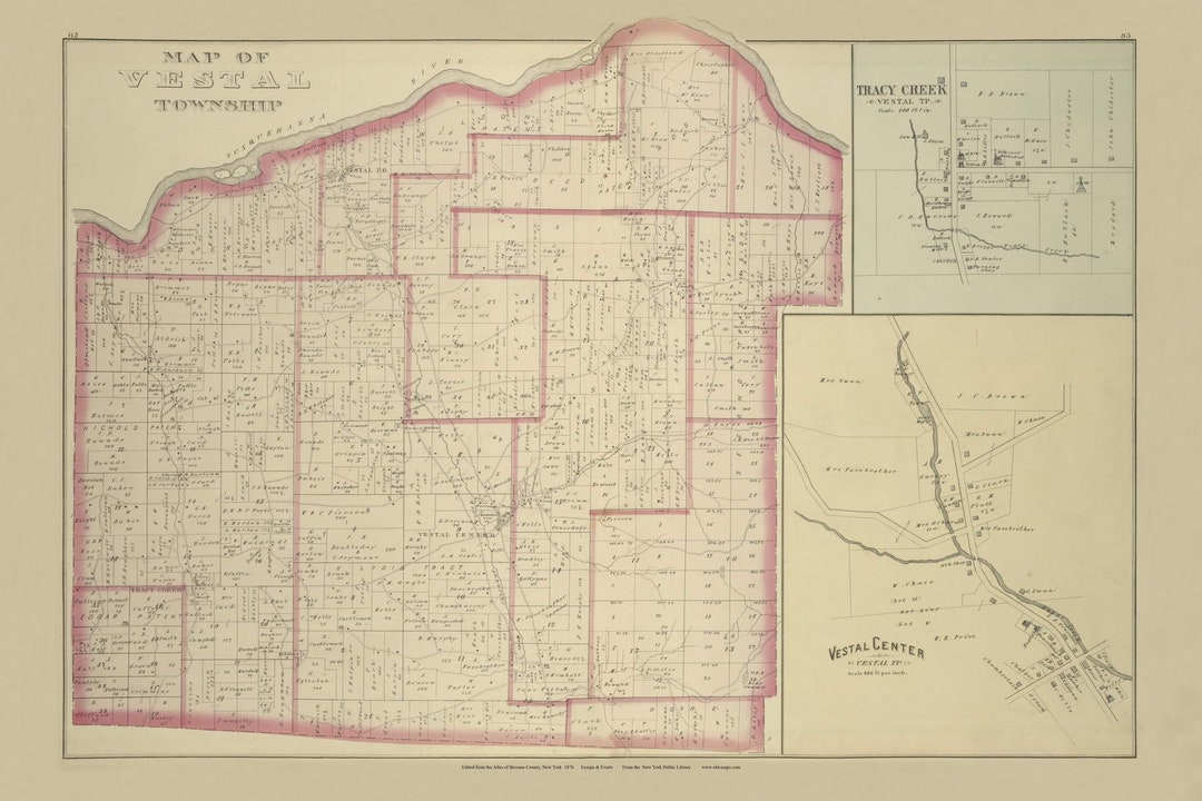 Vestal Township 1876 Old Town Map Reprint Vestal Center, Tracy Creek