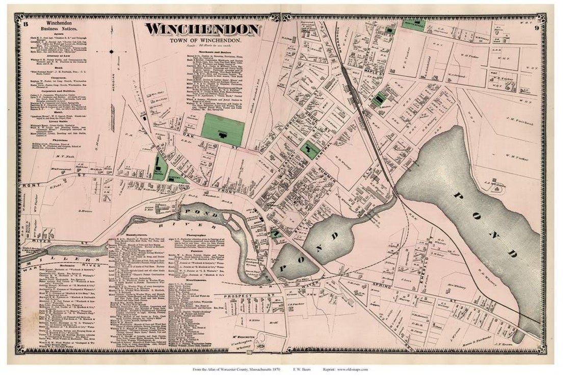 Winchendon Village 1870 Old Town Map With Homeowner Names Etsy
