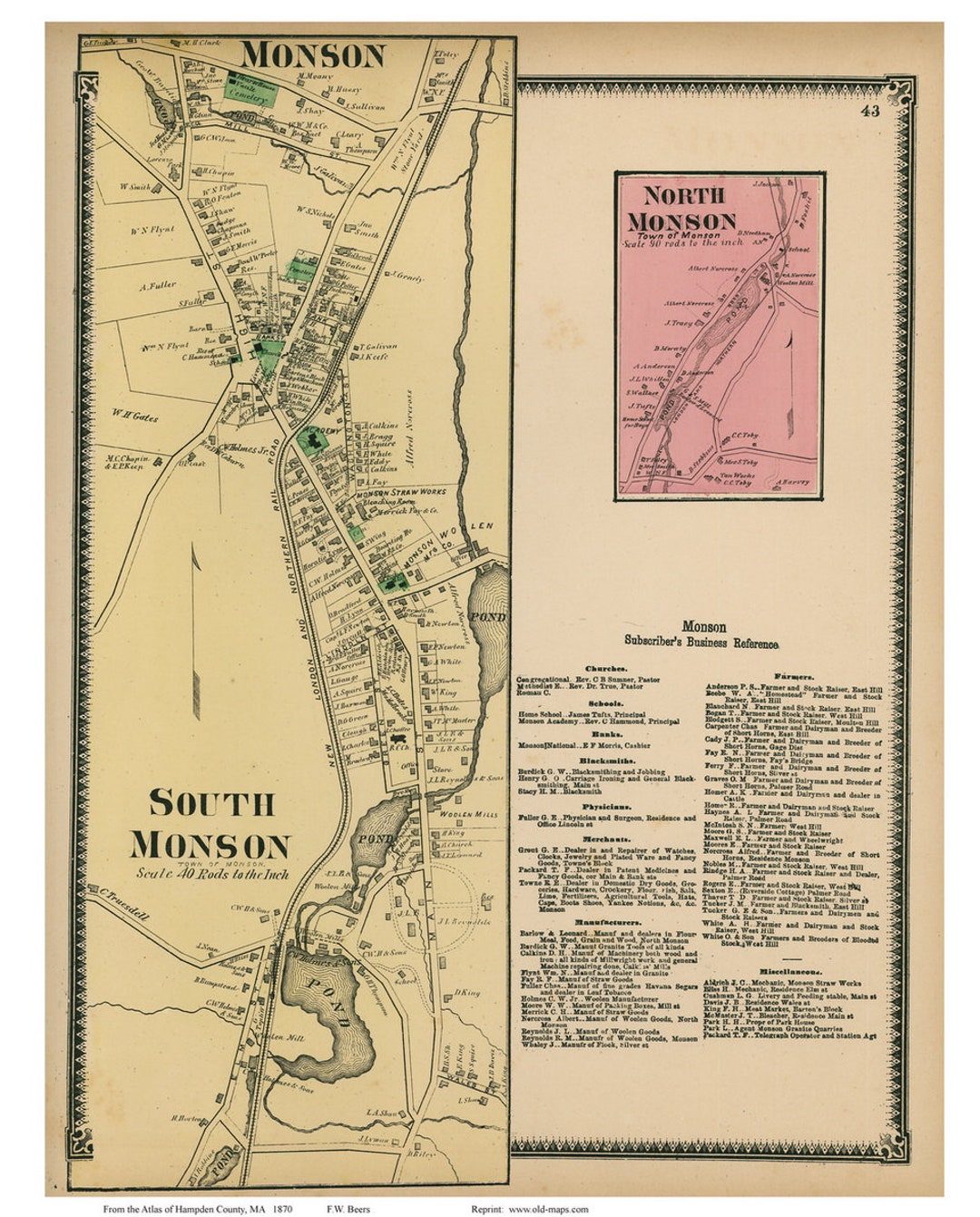 Monson Village 1870 Old Town Map Reprint North & South Monson, Hampden
