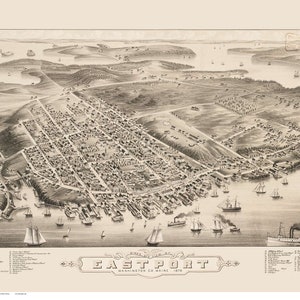 Eastport, Maine - 1879 BPL - Old Map- Birds Eye View Reprint
