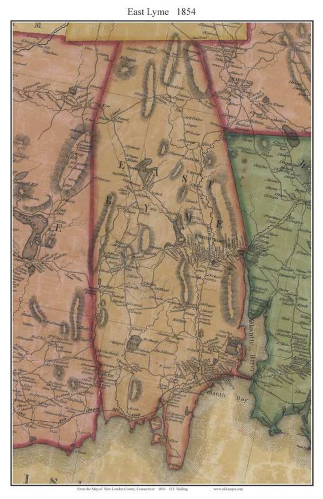 East Lyme Connecticut 1854 Old Town Map With Homeowner Names Reprint