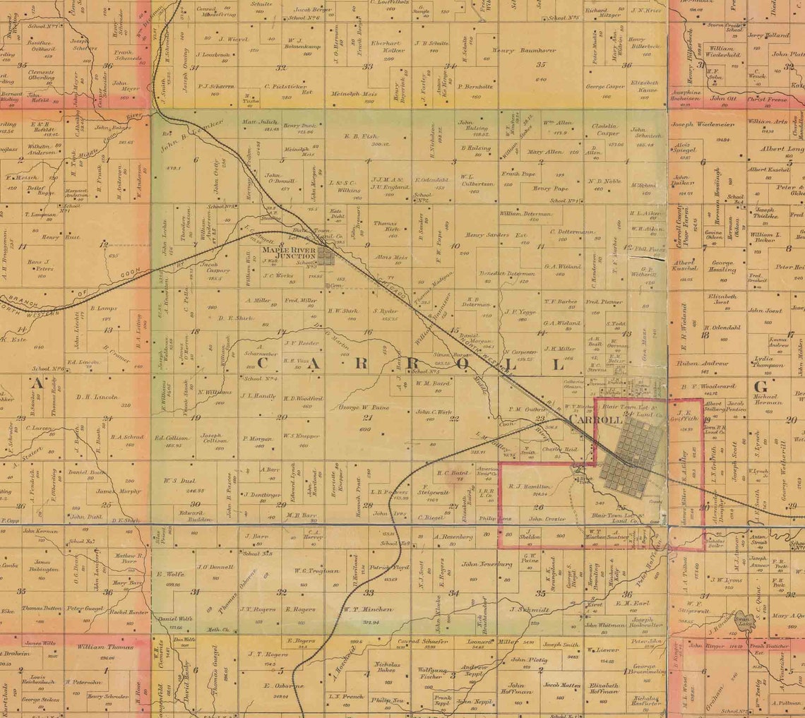 Carroll County Iowa 1884 Old Wall Map With Landowner Names Etsy