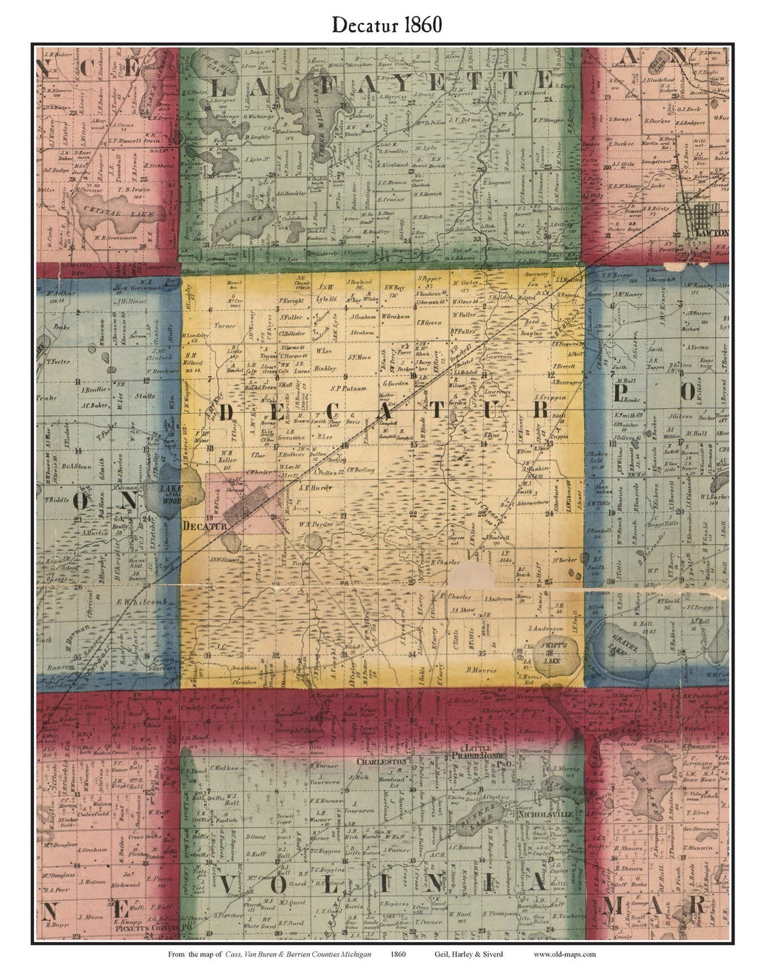 Vintage Decatur Map Decatur 1860 Old Town Map With Homeowner Names - Swifts Lake - Michigan ...